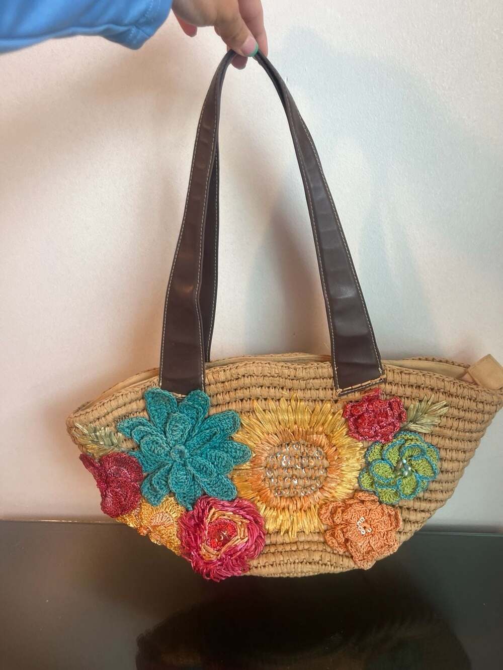 Blue Miami Woven Straw Tote Bag with 3D Floral Applique